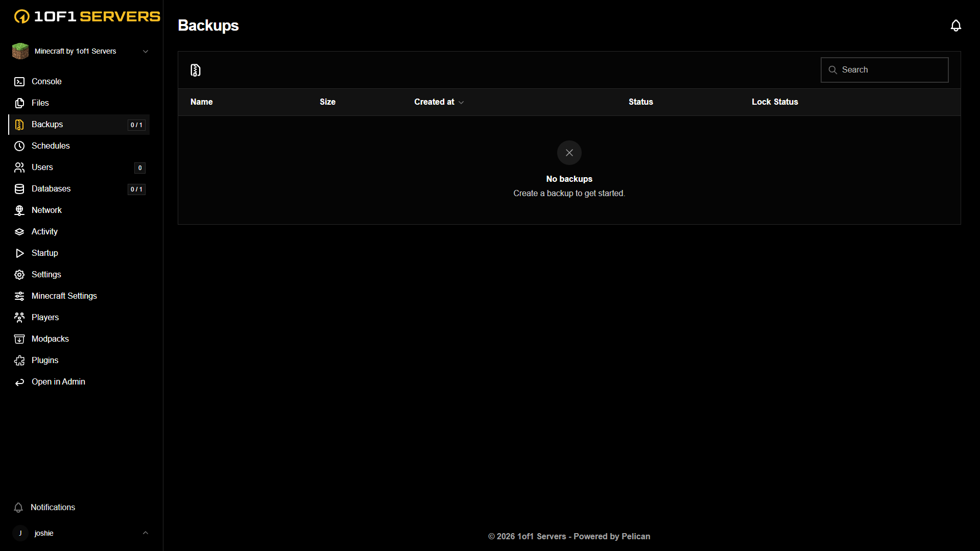 Backups Manager in the control panel on desktop