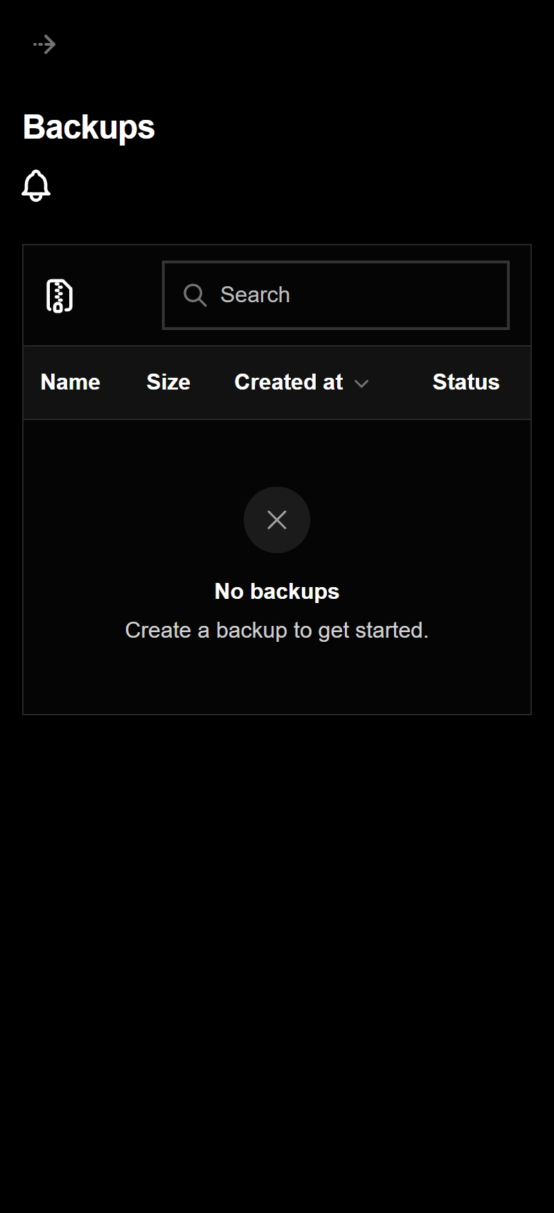 Backups Manager in the control panel on mobile